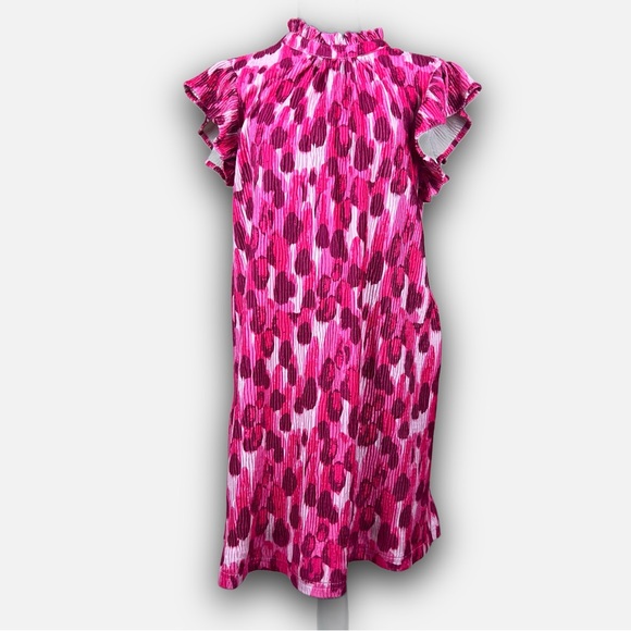 voy Dresses & Skirts - Voy Buttery Soft Paint Brush Print High Neck Ruffle Cap Sleeves Dress Size Small
